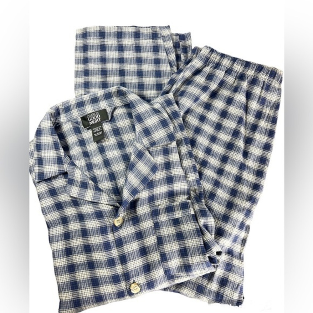 Mens flannel pajamas Size Large Charles Good Night plaid winter‎ 2 piece